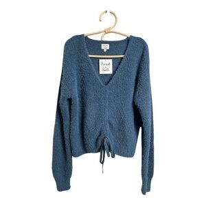 Sunsets & Sixth Fuzzy Long Sleeve Indigo Blue Tie V Neck Slouchy Sweater NEW